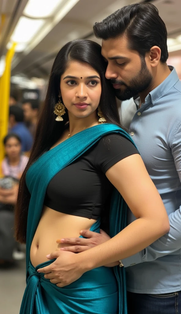 hot healthy south indian white curvy milf with long down tied hair, simple small black dot bindhi, broad shoulder, big hip, big ass, thick thighs, woman wearing Georgette saree and black color blouse(very big breast clevage), in indian local train, ultra hd photo, 4k picture, looking at camera, tall indian muscular man with full lengthy beard side skin fade hairstyle wearing shirt and tight jean standing with woman, man from behind putting his hand around woman’s waist, couple standing looking at camera giving simple pose,fully clothed, front view, man from behind licking woman’s neck, woman sad sexy expression navel