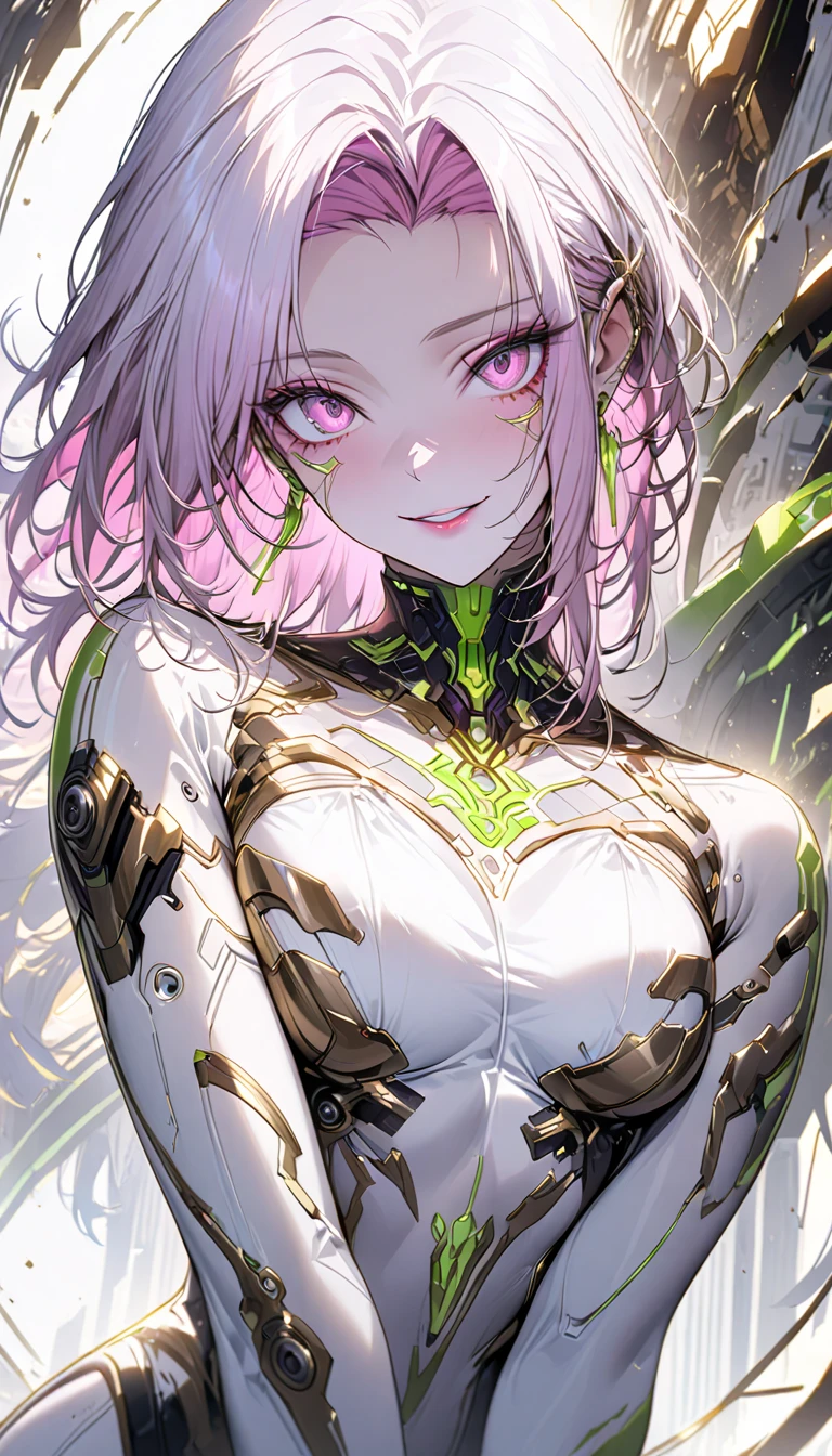 solo female, medium shot, pink hair, pink eyes, artificial intelligence shaped after the green goddess Aphrodite, cyberpunk, futuristic, eager smile, elegant simplicity, cyber space, white and silver and pink theme, romantic, mature beauty, gold accents, bronze accents, pinup pose