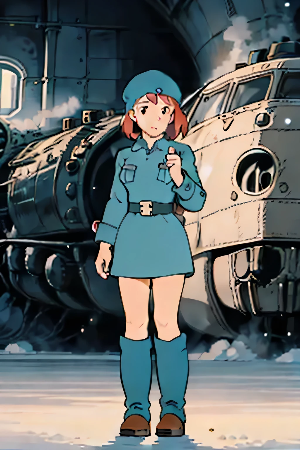 best quality ,Soviet female soldiers, steam locomotive interior before the trip,, 2nd World Combat Team,Station,Before you travel,Dim scene, dim lighting,Notice the depiction of snow , black boots