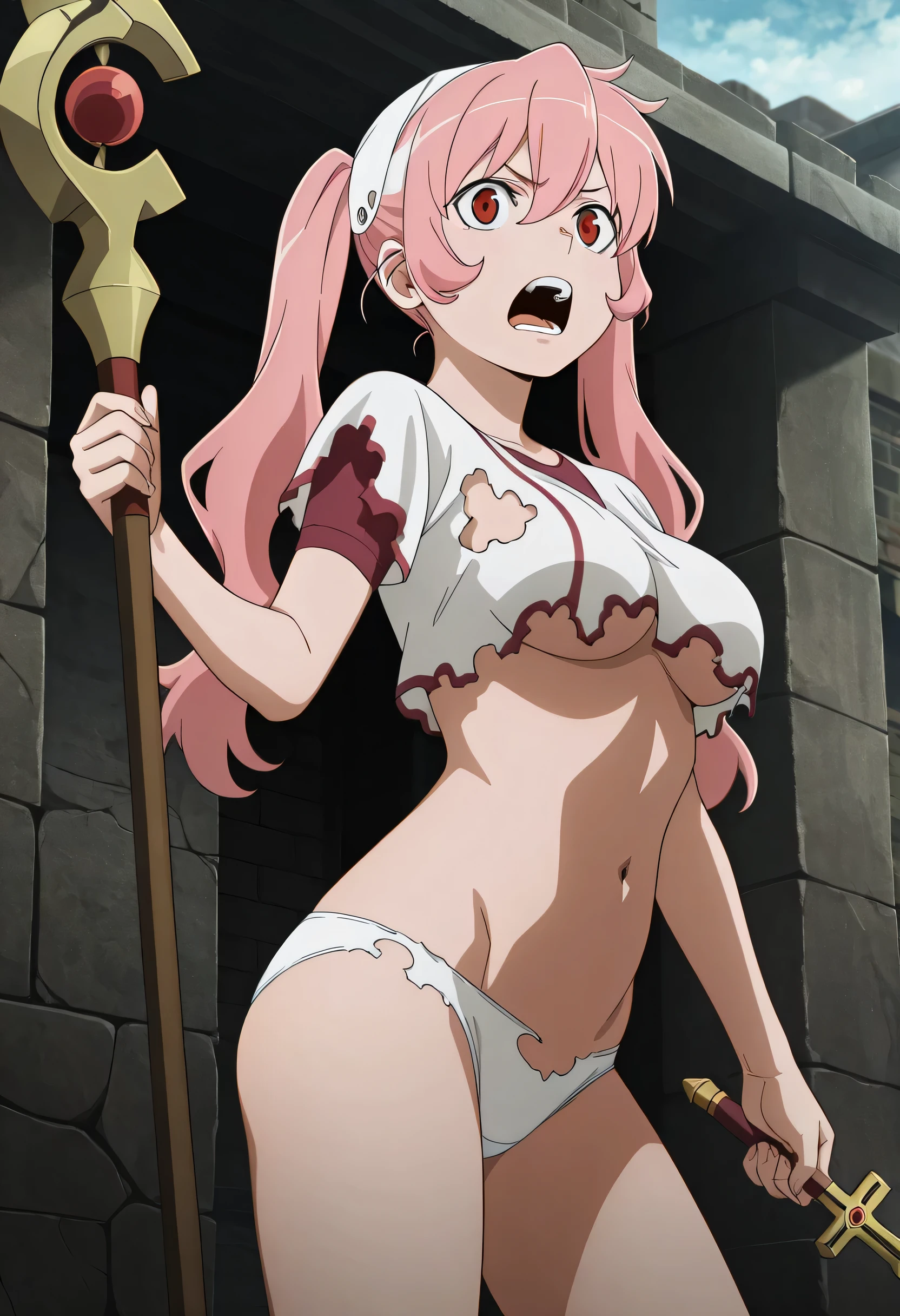 Masterpiece, best quality , Great Quality , So Aesthetic, That's ridiculous.,up to date, large file size, Fullmetal Alchemist , Official Art,
BREAK
DanMachi _v3, from the side 1 girl , pink hair, twin tails, red eyes, chest, torn clothes , underwear, long hair, open your mouth, Alone, underboob, white decorated panties ,belly button, Outdoors, d_Hays , holding Cross-shaped magic staff, red and white decorated shirt ,torn panties ,