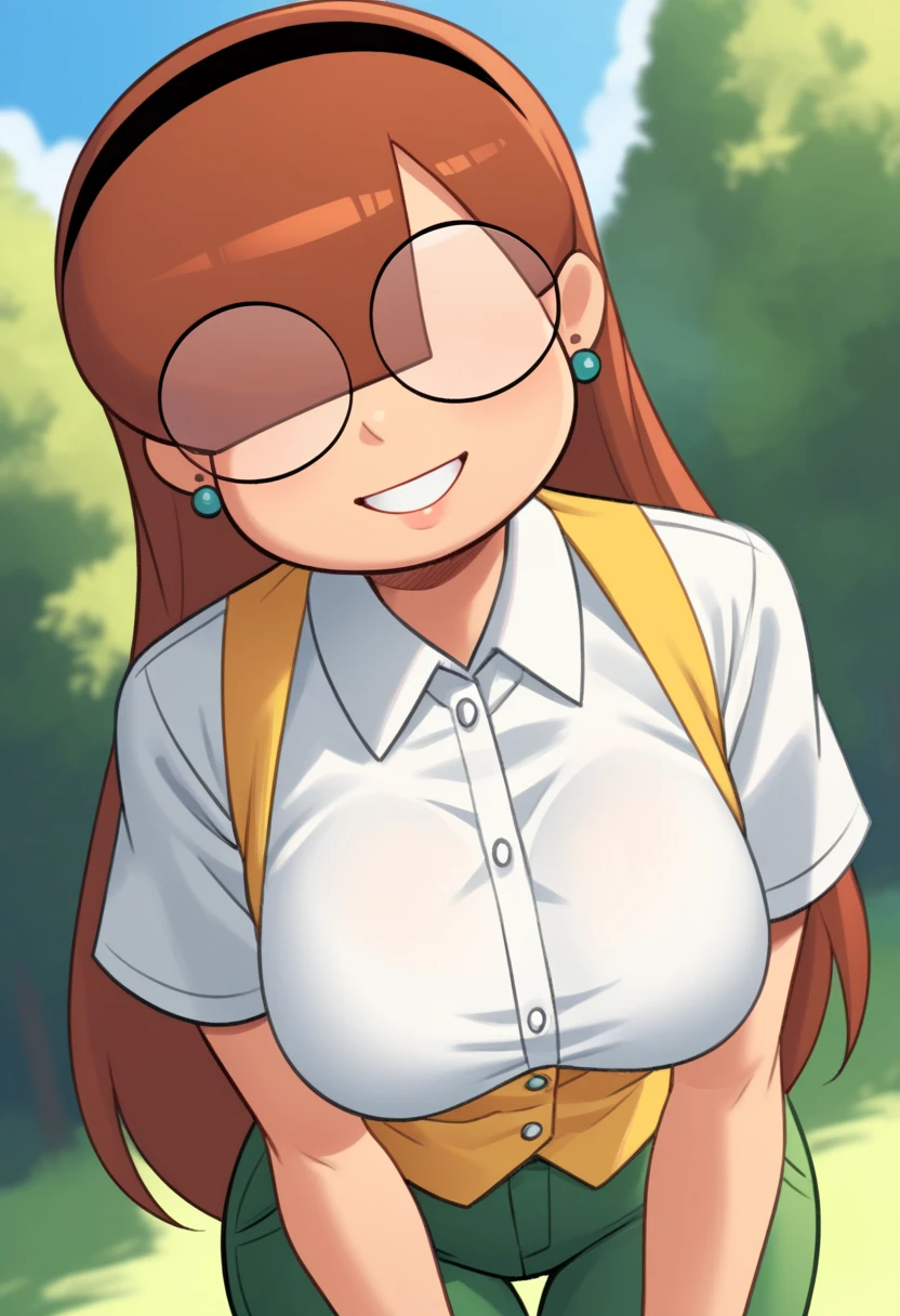 score_9, score_8_up, score_7_up, score_6_up, score_5_up, score_4_up, 1girl, solo, rating_explicit, source_cartoon,
Emma_Donchibi_Style, red-brown hair, hair over eyes, blunt bangs,
black-framed eyewear, circular rim glasses, round eyewear, hair over one eye, long hair hairband, earrings, white shirt, collared shirt, yellow vest, short sleeves, green pants, perfectly round breasts, wide hips, 
beautiful, sexy, cute, large breasts,
, looking at viewer, standing, outdoors, forest, blue sky, clouds, dynamic angle, 3/4 angle, smile,
fca style,