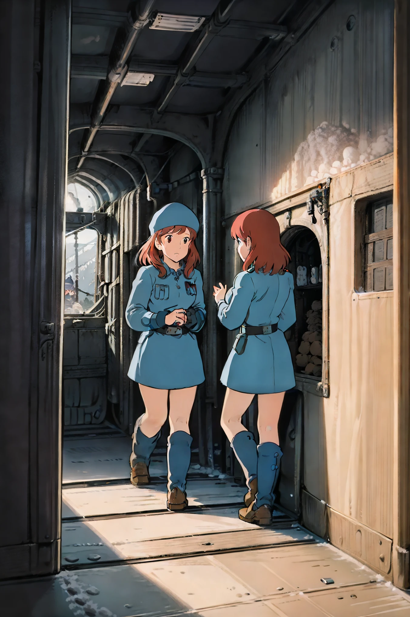 best quality ,Soviet female soldiers, steam locomotive interior before the trip,, 2nd World Combat Team,Station,Before you travel,Dim scene, dim lighting,Notice the depiction of snow , black boots