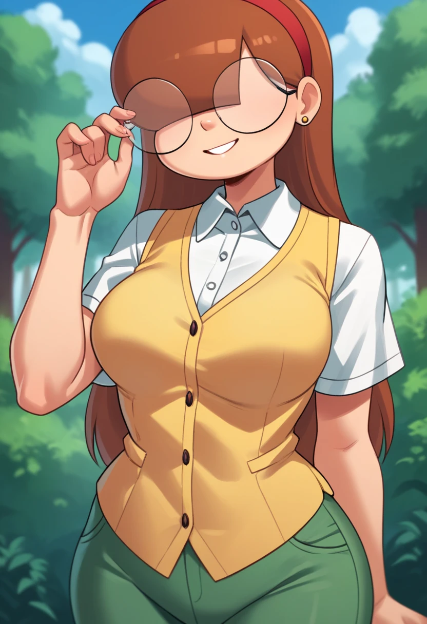 score_9, score_8_up, score_7_up, score_6_up, score_5_up, score_4_up, 1girl, solo, rating_explicit, source_cartoon,
Emma_Donchibi_Style, red-brown hair, hair over eyes, blunt bangs,
black-framed eyewear, circular rim glasses, round eyewear, hair over one eye, long hair hairband, earrings, white shirt, collared shirt, yellow vest, short sleeves, green pants, perfectly round breasts, wide hips, 
beautiful, sexy, cute, medium breasts,
, looking at viewer, standing, outdoors, forest, blue sky, clouds, dynamic angle, smile,
fca style,