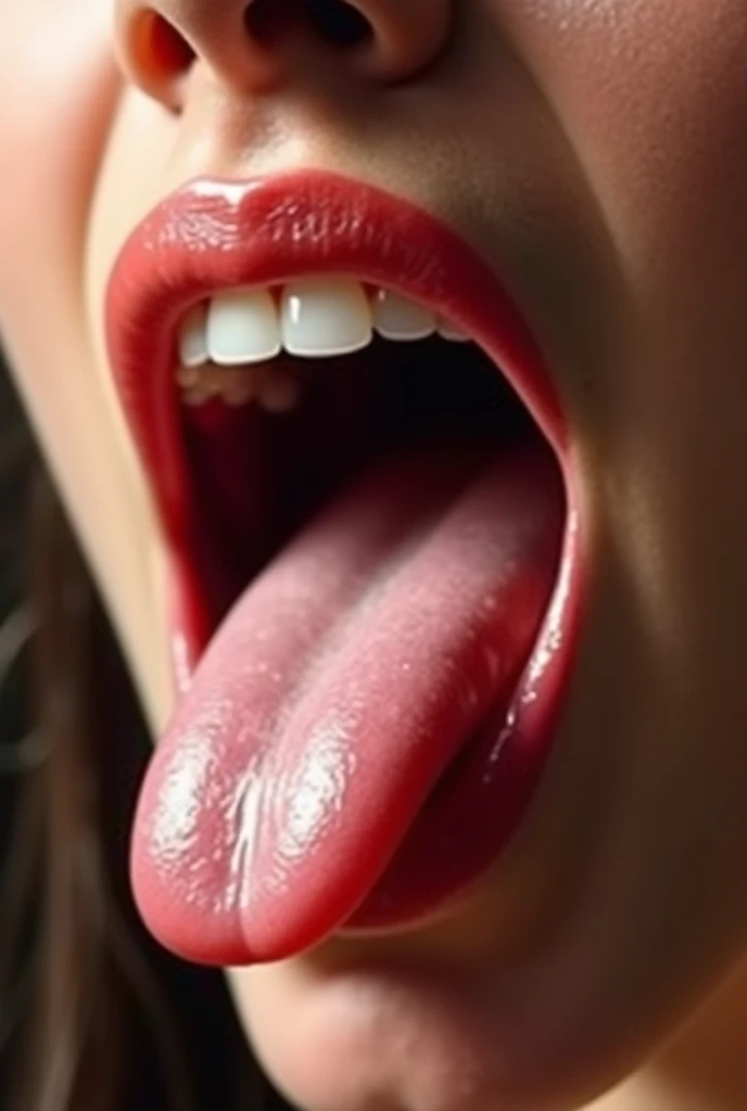 Extreme closeup of young female mouth, glittery lipgloss, mouth very wide open