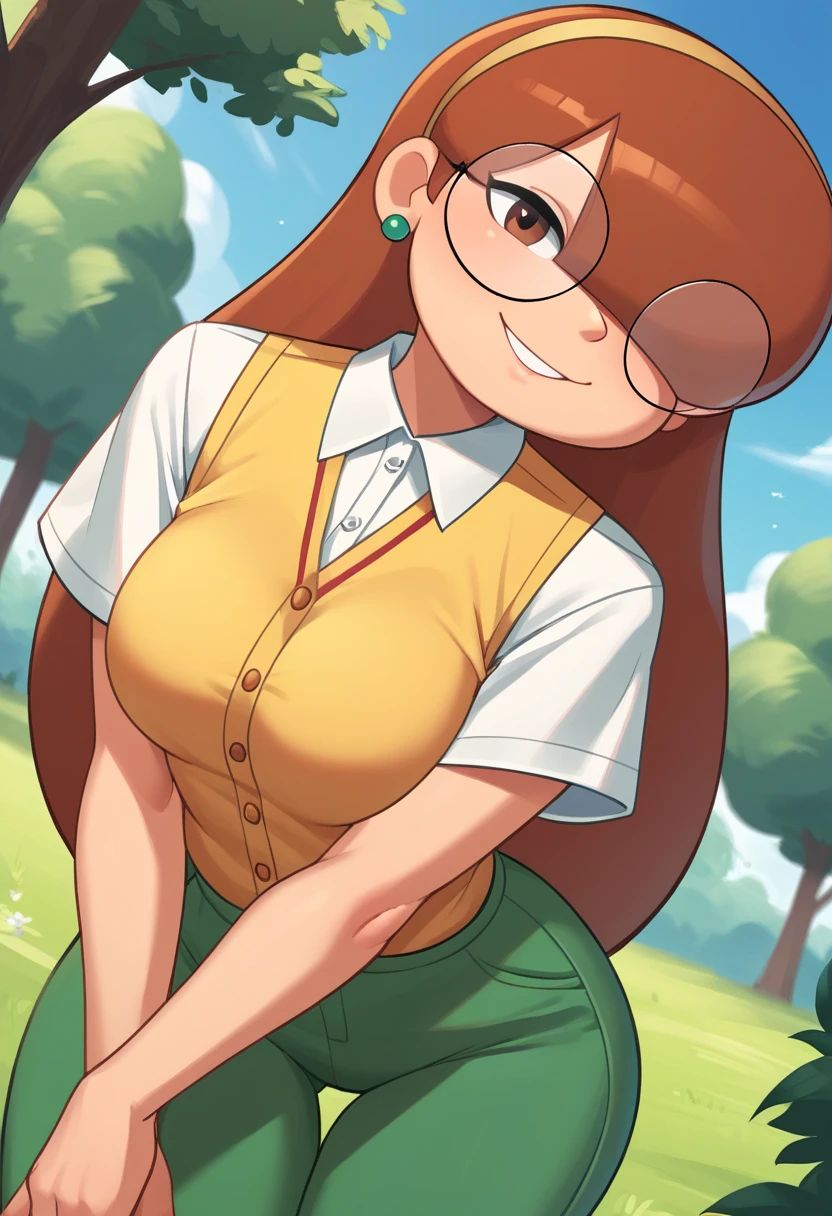 score_9, score_8_up, score_7_up, score_6_up, score_5_up, score_4_up, 1girl, solo, rating_explicit, source_cartoon,
Emma_Donchibi_Style, red-brown hair, hair over eyes, blunt bangs,
black-framed eyewear, brown eyes, circular rim glasses, round eyewear, hair over one eye, long hair hairband, earrings, white shirt, collared shirt, yellow vest, short sleeves, green pants, perfectly round breasts, wide hips, 
beautiful, sexy, cute, medium breasts,
, looking at viewer, standing, outdoors, forest, blue sky, clouds, dynamic angle, smile,
fca style,