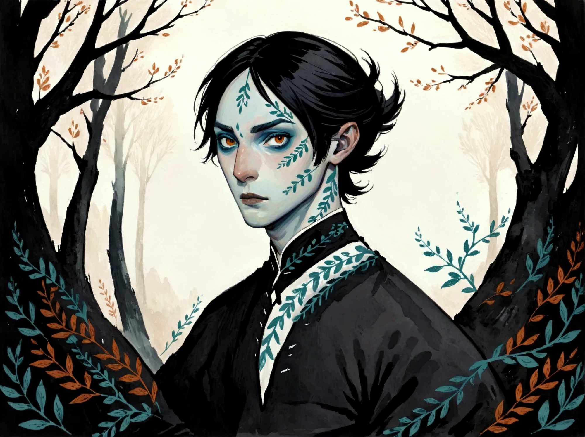 2D ART, hyper detailed gouache painting, illustration, gougoupaintleaves style, portrait of a man, 1boy, solo, black hair, side_cut_hairstyle, male_drow:1.5, dark elf, black eyes, black sclera, detailed face, handsome features, tonned, lean naked body, detailed body, pointy ears, standing in a dark forest, on simple white background, full body shot, very detailed, 