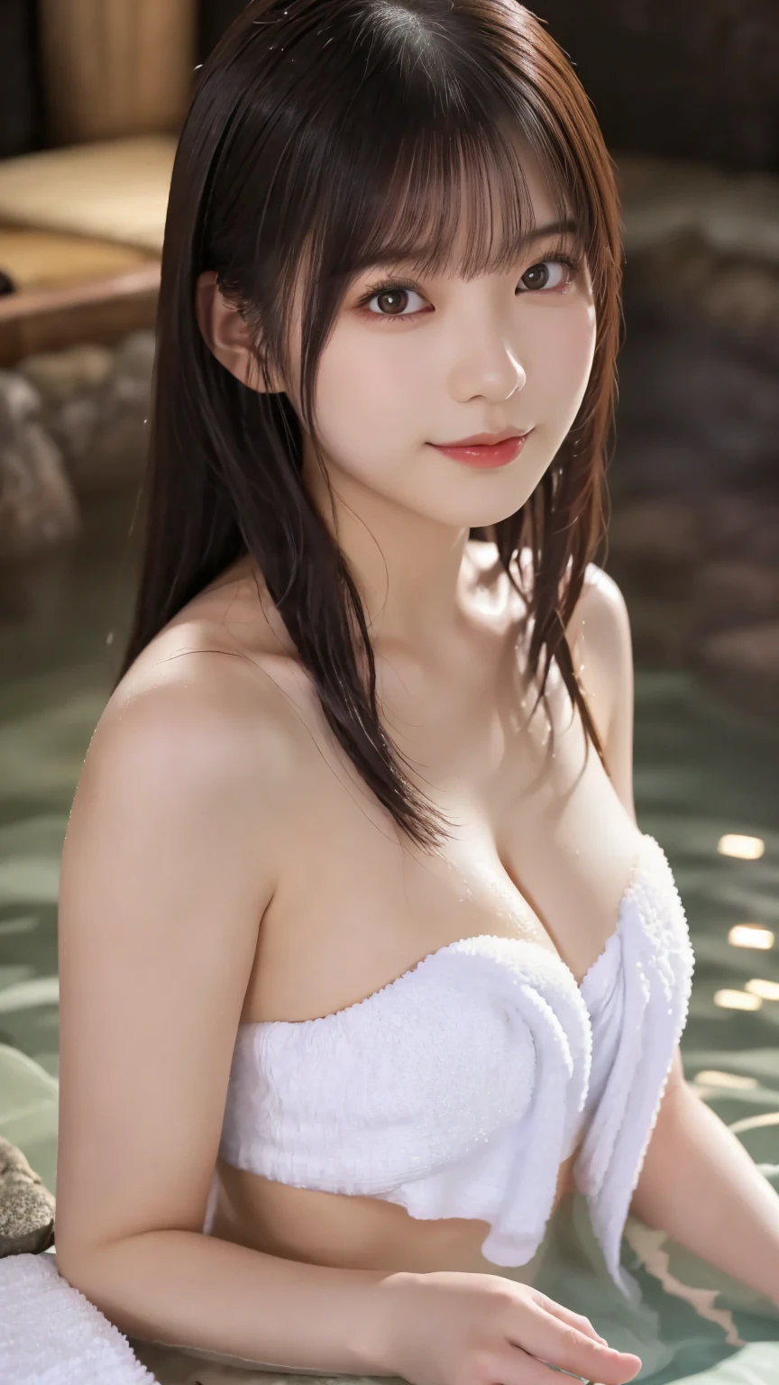 (Sit in the hot spring : 1.4), (Roll up a towel : 1.5), (onsen bath : 1.4), (upper face : 1.5)、(  Delicate Realistic Hair ,  Realistic black hair), bangs, smile, ((white indoor )), (  18 year old woman : 1. 2),   young and adorable Japanese face,  Official Art,   high definition  CG Unity 8k wallpaper,Ultra   high definition  , very detailed,  Half photo ,   high definition  ,  Kodak Portrait 400,  film grain ,  Lens Flare Glow ,  best quality ,8k,  as a portrait shot ,8k,  show viewer  , ((Masterpiece)), ((  best quality )), (  very detailed), (( cute)), ((  sexy)), ((  very detailedな)), ( Detailed Clothing Characteristics), ( beautiful),  illustration,  beautiful Japanese woman, (( 1 Woman )), ( cleavage in years : 1.3)