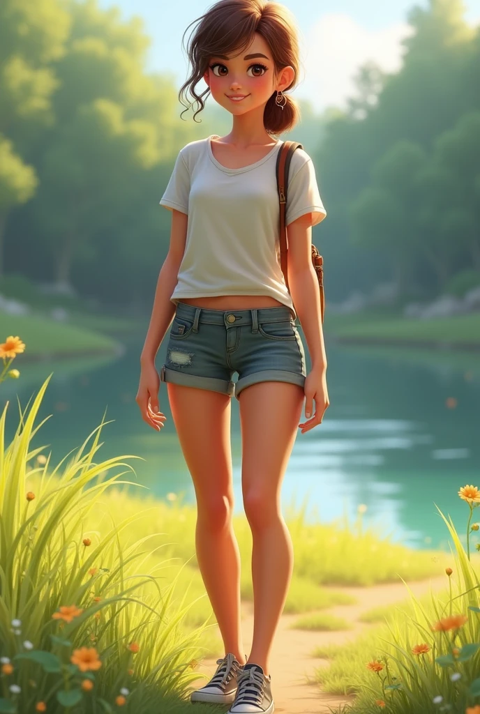 Walk of a pretty blonde woman, Big chest,in a park, American dress style , small backpack, Nike shoes
