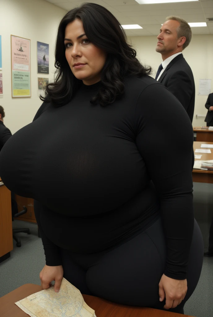  Low angle, focus on the overstretched top,  (((a massively robust hypermuscular 8ft tall, overweight thick woman in her VERY early 20s, proportionate anatomic healthy athletic body, with  green eyes and a rebellious sneer, and (((((long, choppy, jet-black hair))))))), wearing ((((overstretched turtleneck_top that barely contains her enormous form))))), stands next to a (office desk too small for her size) overlooking a (crowded office).  With her left hand supports her (((enormous bosom))).  (((Beside her, nervously clutching a tattered map and scanning the horizon, stands Tim, a gaunt, 5 ft tall, weathered man in his late 40s with a long, braided, salt-and-pepper beard and deeply tanned skin, wearing a loose suit))). (((Detailed office background))))). (Hyperrealistic, 8k, intricate detail, gritty textures, (warm and desaturated colors)), (sharp focus on both Alexandra and Tim), (wide angle shot), --ar 16:9 --zoom 1.2 --style photorealistic