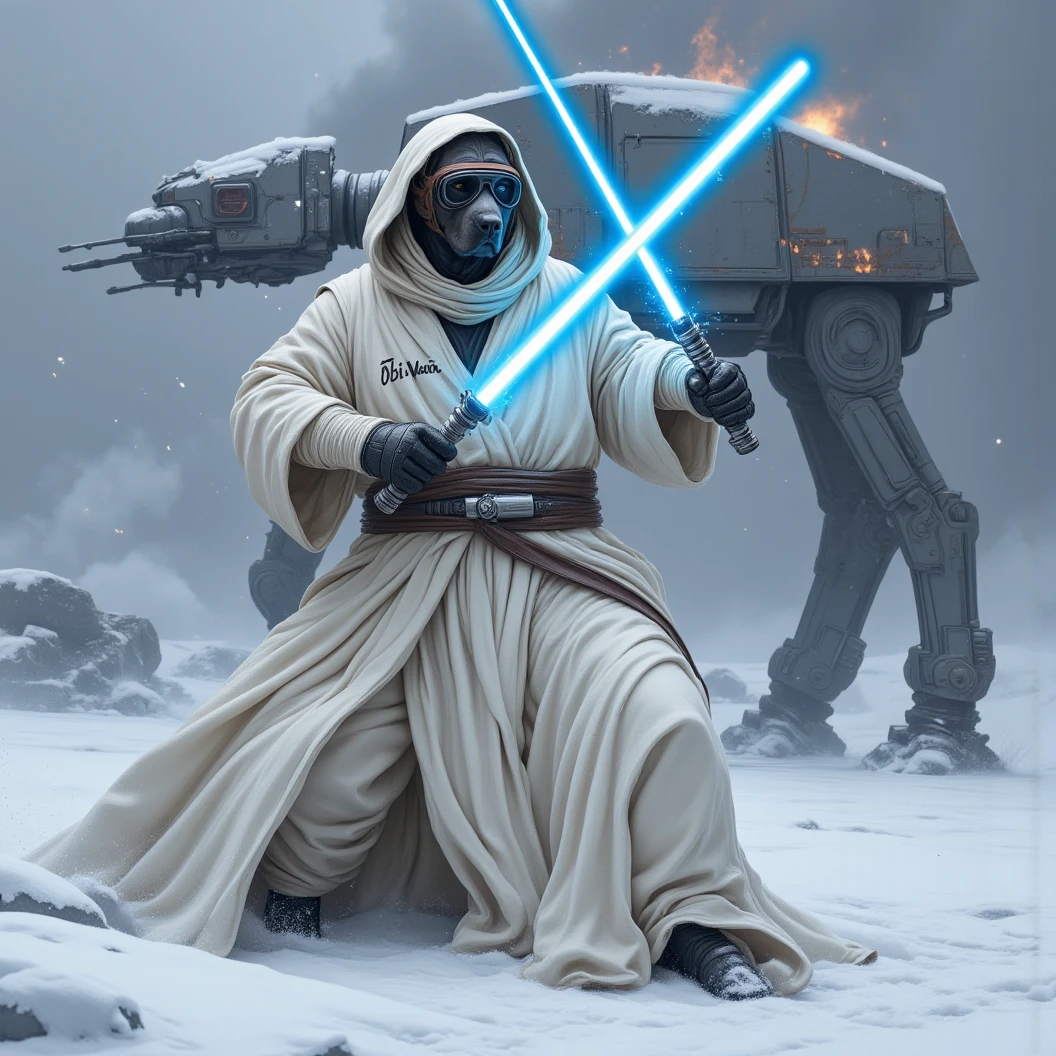 A huge black humanoid Great Dane Dog donned in snow white winter jedi robes with a hood. She wears snow goggles and mittens with a scarf wrapped around her neck. Wielding a blue Jedi Lightsaber in a dynamic sword fight pose. The name "Obi Wan" stitched on her robes. A large At-At lies destroyed in a smoking heap in the background. High Resolution, Masterpiece, Hyperdetailed, Digital Art, Depth Of Field, Image Fill, Floating Particle. 