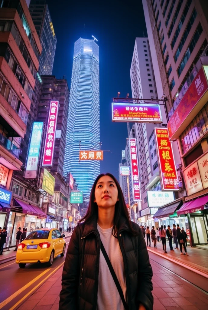 Lighting show in hong kong night, view from hongkong street, one girl visit in honghong