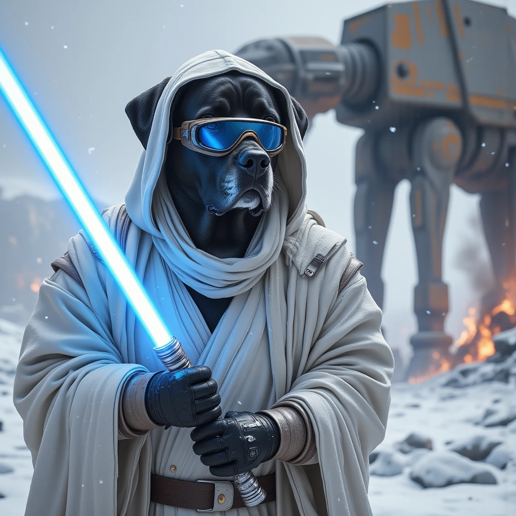 A huge black humanoid Great Dane Dog donned in snow white winter jedi robes with a hood. She wears snow goggles and mittens with a scarf wrapped around her neck. Wielding a blue Jedi Lightsaber in a dynamic sword fight pose. The name "Obi Wan" etched in r2-d2 style letters. A large At-At lies in a smoking heap in the background. High Resolution, Masterpiece, Hyperdetailed, Digital Art, Depth Of Field, Image Fill, Floating Particle. 