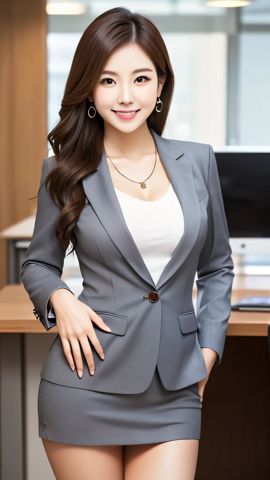  standing side by side in front of an anatomically correct 5-finger 　 Beautiful Korean Woman in the Lounge 　 earrings　 thin due to small things necklace　((( business suit 　 tight miniskirt )))　At the office　 standing in front of a desk 　Sensual body　 looking at camera　 cute charming smile