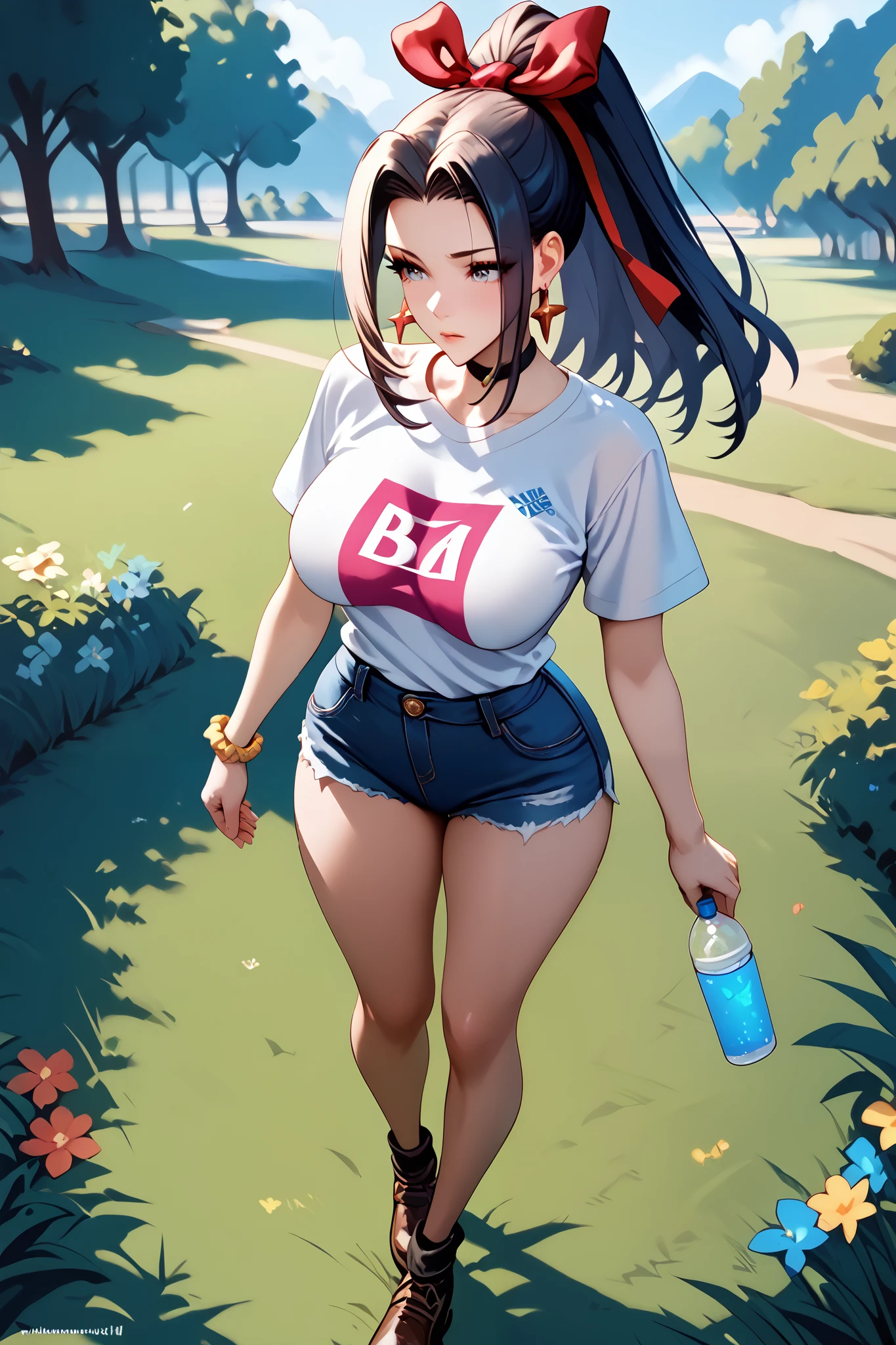 Masterpiece, extremely detailed,4k,solo,1girl,hanabi,perfect slim body, stand up,ambarrased, black ponytail hair, ,long legs ,perfect slim body,large breasts, ((kawai face)),embarassed ekspression, white tshirt, short jeans, cowboy shoot,((grass))
