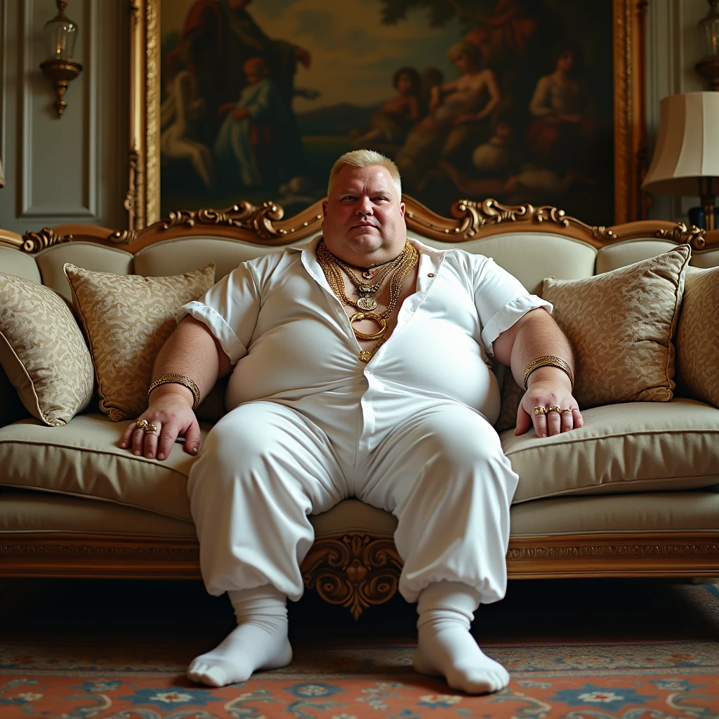full view rich light blond fashion haircut obese fat actor antony starrs in white long socks, white boxershorts, wearing dozens of golden rings, golden chains, golden necklaces, diamond watchs, diamond piercings, lying on covered with white furs bed, showing off overhanging belly and full chest, crying afraid, in modern classy bedroom