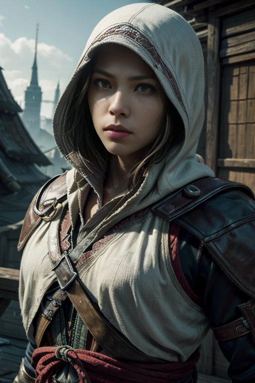 (best quality,4k,8k,highres,masterpiece:1.2)female,captivating eyes,pouty lips,seductive expression,expressive face,colored hair,colored skin,perfectly body,full body, random flirtatious pose,looking directly into the camera,showing confidence,she is wearing sexy outfit, ((assassin creed outfit)), white and red outfit ,White cloak,Full face mask, hidden blade