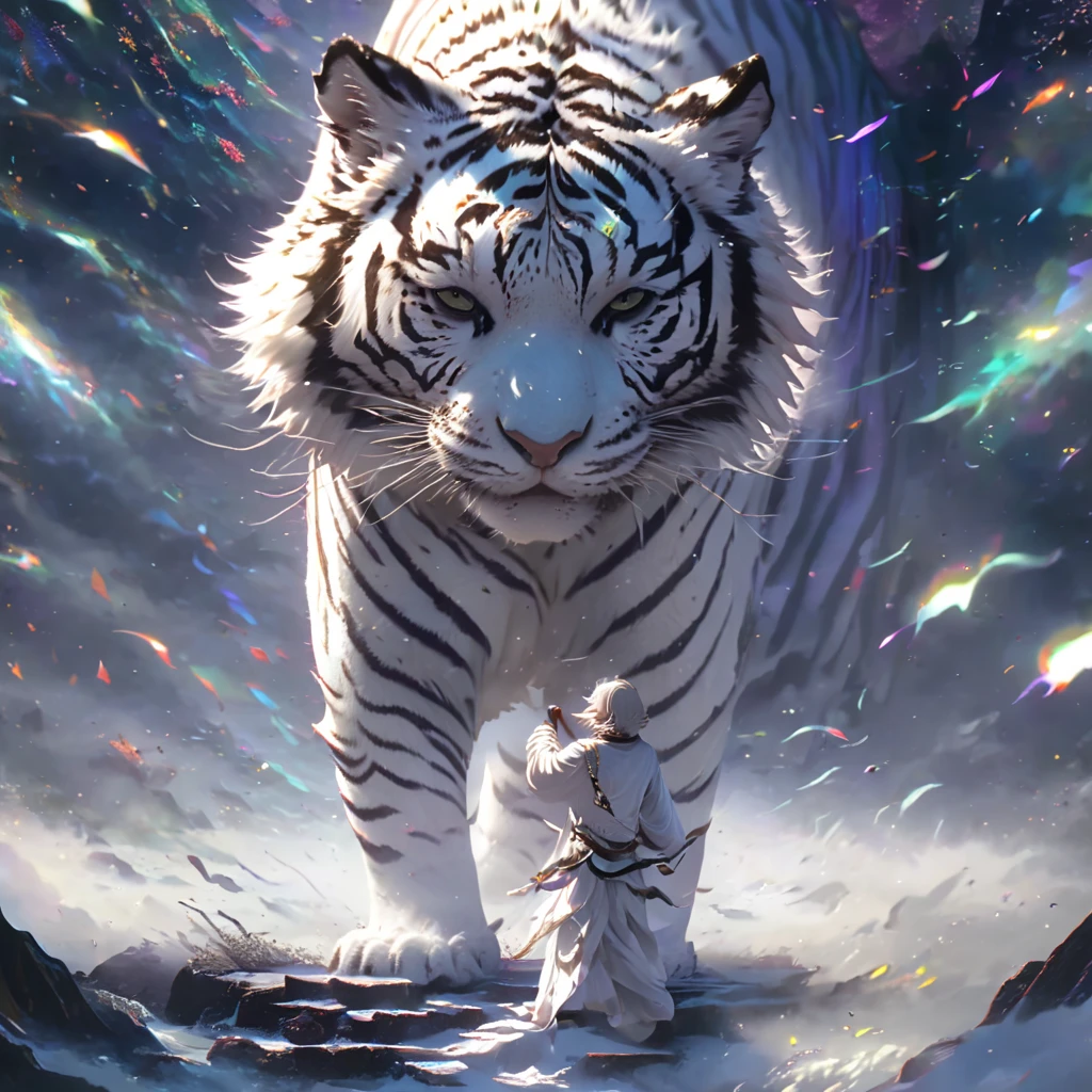 masterpiece,  best quality ,  white tiger、 white tiger、 Fantastic、The background is a fantastic universe 、  White Tiger eats viewers、 I'm opening my mouth wide、Mysterious