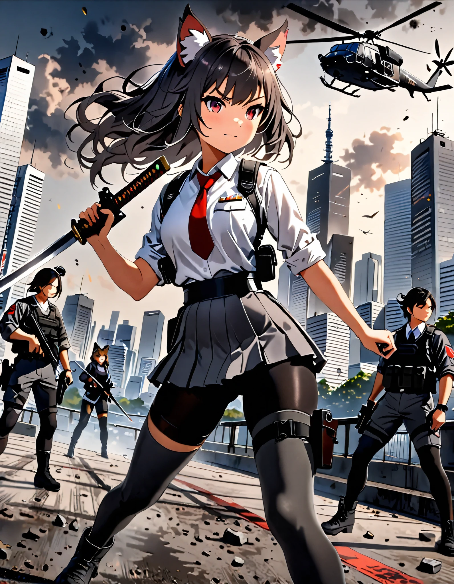 Masterpiece, best quality, high res, 4k, 8k, (solo:1.2, solo focus), 1girl, female samurai, Japanese military officer, (catgirl:1.2, furry ears:1.2), college-aged female, long hair, black hair, black hair, hair ornament, white-collared shirt, red necktie, (shoulder holster), (long pleated skirt:1.2, side slit, biker shorts), (full dark grey leggings:1.4), (biker boots, high heels), double weilding a katana sword in one hand and holding a glock22 pistol with another, aggressive battle stance, Tokyo skyline, wharf, a military helicopter hovering above, concrete ground riddle with bullet holes, dutch angle, intense atmosphere, intense expressive. Action shot.