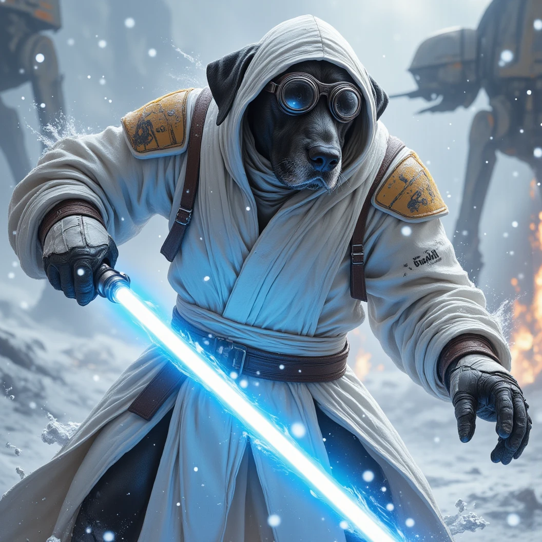 A huge black humanoid Great Dane Dog donned in snow white winter jedi robes with a hood. She wears snow goggles and mittens with a scarf wrapped around her neck. Wielding a blue Jedi Lightsaber in a dynamic sword fight pose. The name "Obi Wan" etched in r2-d2 style letters. A large At-At lies in a smoking heap in the background. High Resolution, Masterpiece, Hyperdetailed, Digital Art, Depth Of Field, Image Fill, Floating Particle. 