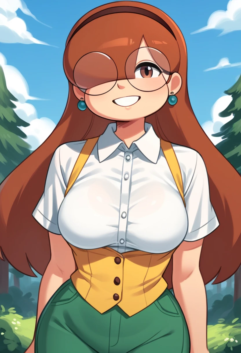 score_9, score_8_up, score_7_up, score_6_up, score_5_up, score_4_up, 1girl, solo, rating_explicit, source_cartoon, Emma_Donchibi_Style, red-brown hair, hair over eyes, blunt bangs,
black-framed eyewear, brown eyes, circular rim glasses, round eyewear, hair over one eye, long hair hairband, earrings, white shirt, collared shirt, yellow vest, short sleeves, green pants, perfectly round breasts, wide hips, 
beautiful, sexy, cute, medium breasts, looking at viewer, standing, outdoors, forest, blue sky, clouds, dynamic angle, smile, fca style, half body 