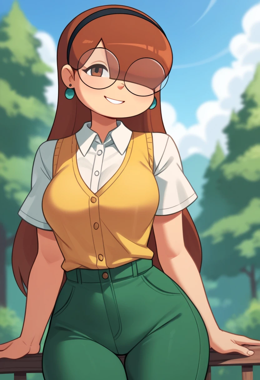 score_9, score_8_up, score_7_up, score_6_up, score_5_up, score_4_up, 1girl, solo, rating_explicit, source_cartoon, Emma_Donchibi_Style, red-brown hair, hair over eyes, blunt bangs,
black-framed eyewear, brown eyes, circular rim glasses, round eyewear, hair over one eye, long hair hairband, earrings, white shirt, collared shirt, yellow vest, short sleeves, green pants, perfectly round breasts, wide hips, 
beautiful, sexy, cute, medium breasts, looking at viewer, standing, outdoors, forest, blue sky, clouds, dynamic angle, smile, fca style, half body 