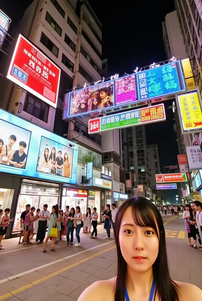 Lighting show in hong kong night, view from hongkong street, one girl visit in honghong