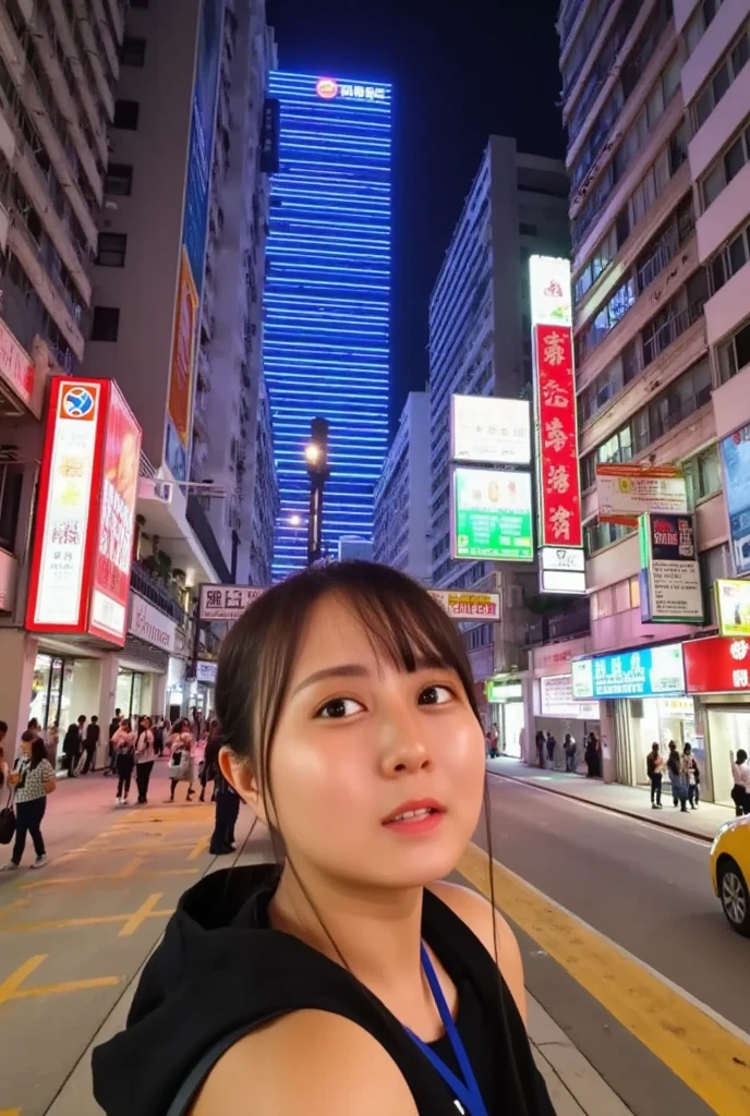 Lighting show in hong kong night, view from hongkong street, one girl visit in honghong