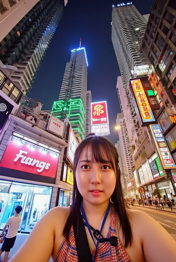 Lighting show in hong kong night, view from hongkong street, one girl visit in honghong