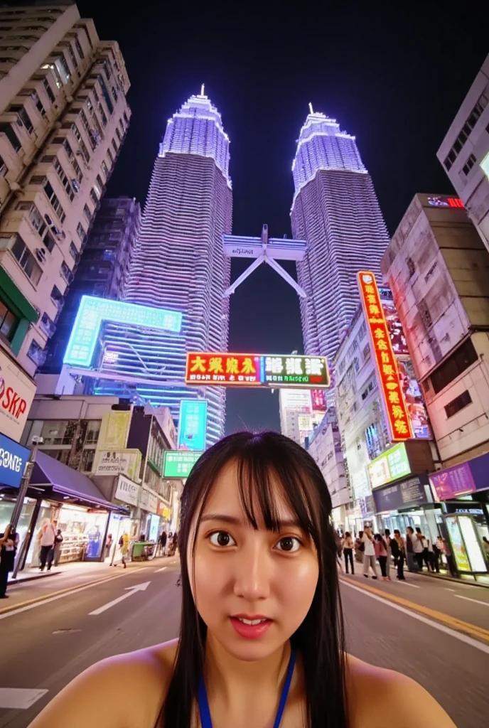 Lighting show in hong kong night, view from hongkong street, one girl visit in honghong