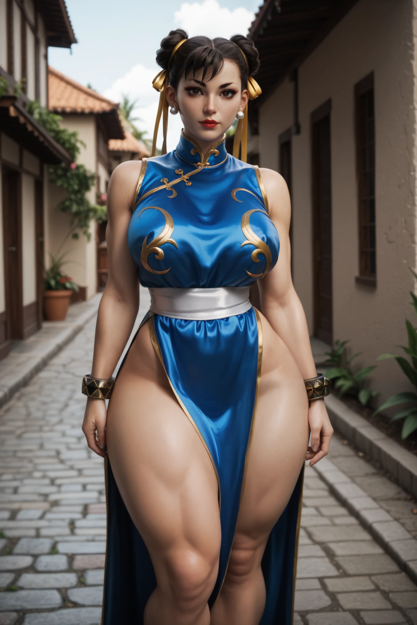 score_9, score_8_up, score_7_up, 1girl, chun li, thin waist, wide hips, thick thighs, thicc, blue dress with gold trim, white belt, white twin hair buns, Looking at viewer, double hair bun, solo, outdoors, thighs, spikey bracelets, large breasts, brown eyes, ribbon, earrings, highleg, brown hair, hair ribbon, muscular, chun li outfit, brown stockings