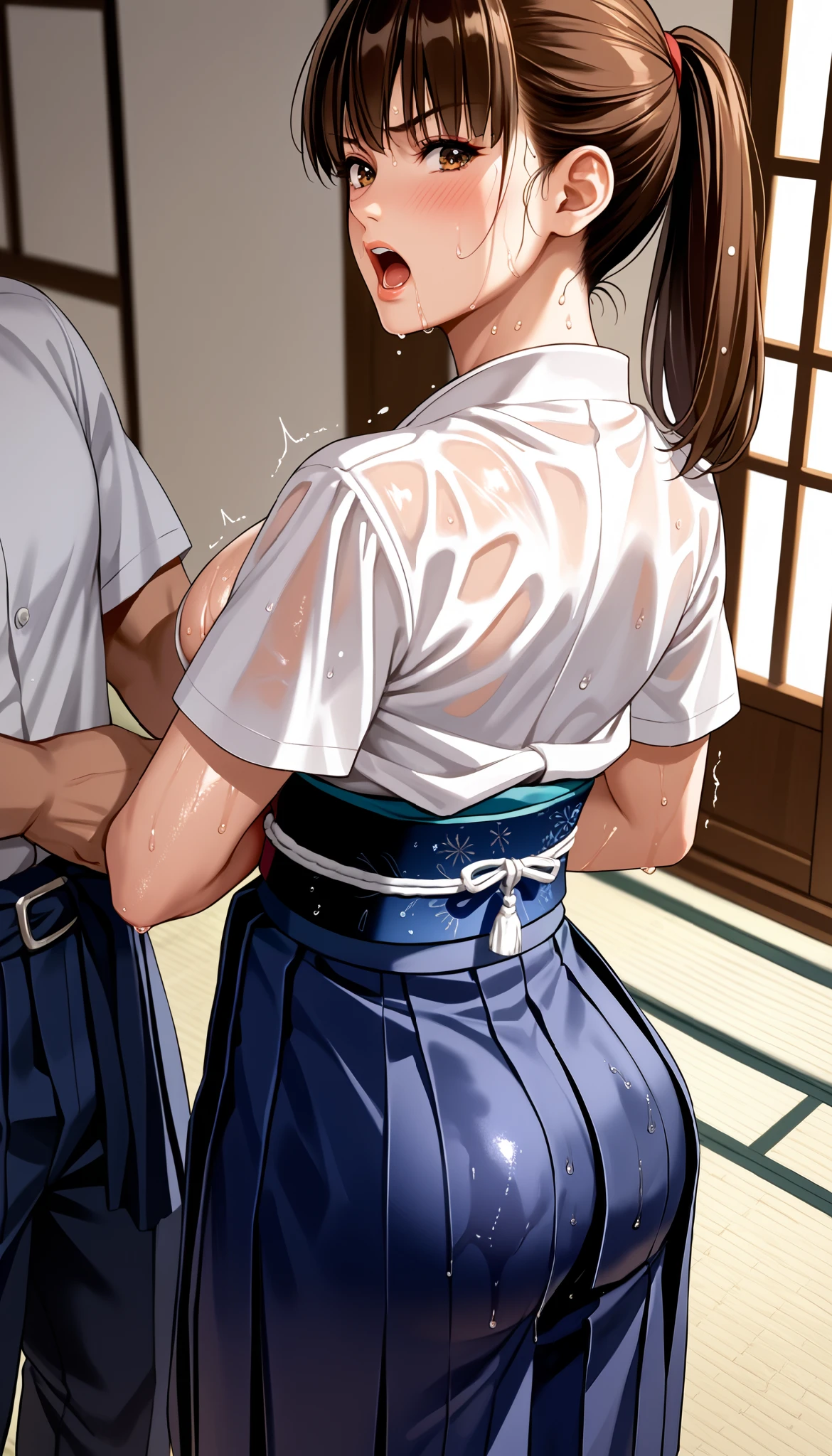 DOALeiFang, LeiFangDOA, gasp, Captured by men, Captive, Surrounded by men, Attacked by men:1.5, Many men:1.5, Man grabs her arm, Man attacks from behind, Man grabs her leg, Men Swarm 1:5, Man grabs her waist:1.7, (wet short sleeve white solid kimono tops and high waist dark-blue maxi-length (skirt, hakama) with dark-blue obi:1.4), be breathless, sweat, sparkling sweat, trembling, (long brown straight hair:1.2), brown eyes, breasts, [[angry]], blush, {anguish}, {{shameful}}, (butt focus, from behind:1.3),(looking back:1.3), (from side, from above:1.4),