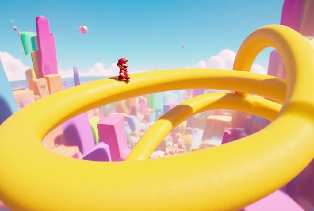 3D animation, surrealism, game, Super Mario Bros., little Mario is walking on a Moebius strip made of a big yellow ribbon, the Moebius strip is floating in the air, the background is pale blue, the atmosphere is bright.