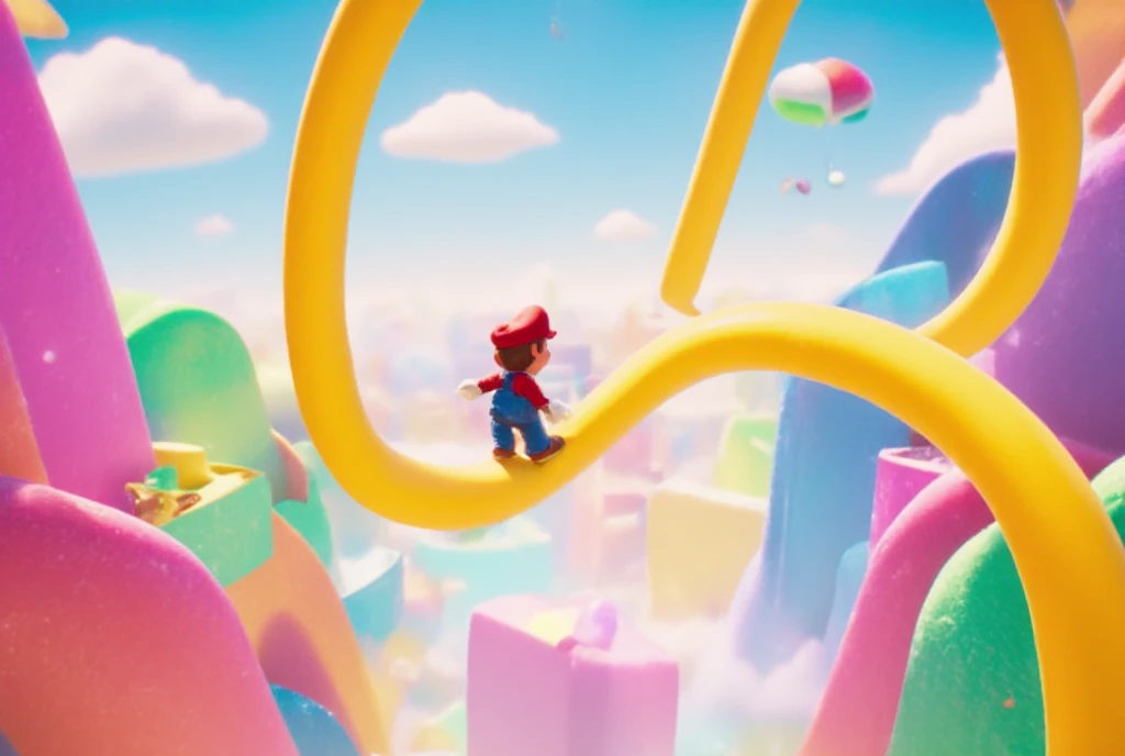 3D animation, surrealism, game, Super Mario Bros., little Mario is walking on a Moebius strip made of a big yellow ribbon, the Moebius strip is floating in the air, the background is pale blue, the atmosphere is bright.