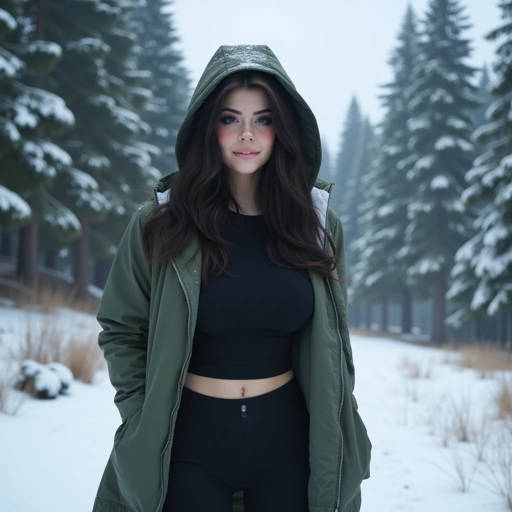 -High quality- -masterpiece- A 19-year-old girl, very beautiful, e-girl. Very white skin, black hair, beautiful brown eyes, very sexy body, big breasts, she was wearing a big green coat, long black pants, hood, Walking through a snowy forest, close-up of her looking at the landscape with a tender smile.
