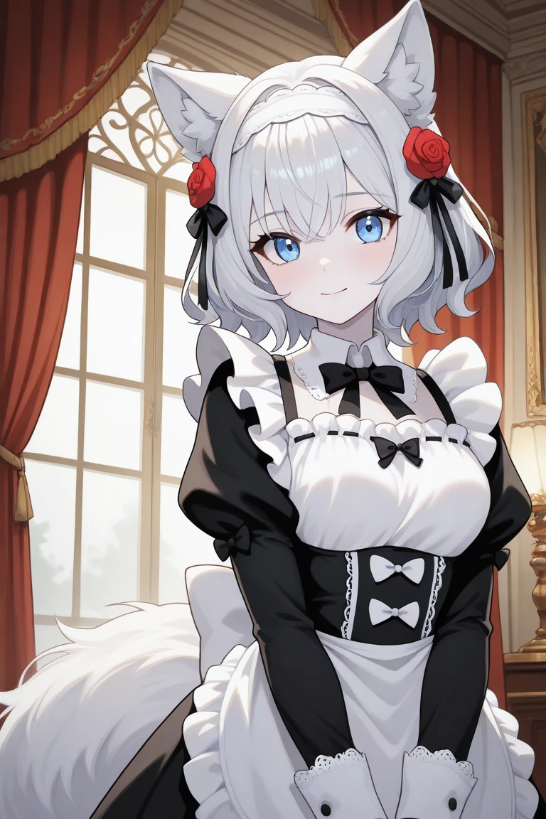 Create a highly detailed anime-style illustration of a teenage wolf-girl with white wolf ears and a fluffy white tail. She has fair, pale skin and striking bright blue eyes. Her short, silver-white hair is slightly wavy and layered, adorned with a red rose accessory on the left side, paired with ribbons and golden decorative elements. She has an elegant yet youthful and approachable expression, showcasing her adolescent charm.

Her outfit is a classic maid uniform, featuring a black dress with white accents. The uniform includes a fitted bodice, a white apron tied at the back with a bow, and delicate lace trim along the collar, sleeves, and apron edges. She wears a matching white headband with lace details, emphasizing her maid role. Focus on intricate details such as the apron folds, subtle embroidery, and any accessories like small bows or ribbons that enhance her design.

She has a slender and proportional teenage build, with a graceful and poised demeanor. Her wolf-like features, including her expressive white fur ears and fluffy tail, remain prominent and central to her design. Place her in the setting of a luxurious, grand mansion, emphasizing ornate decor such as chandeliers, elegant furniture, and large windows with flowing curtains. Ensure the mansion setting complements her maid attire and creates an atmosphere of sophistication. The character must remain consistent with all described features, exuding both elegance and youthful energy.