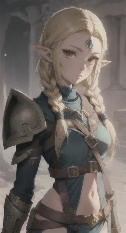 Ancient Hylian, Devine princess, Hylia, blonde, red eyes, bandit braids, looking at viewer, long messy hair, ancient Hyrule, lore accurate ancient leather armor,