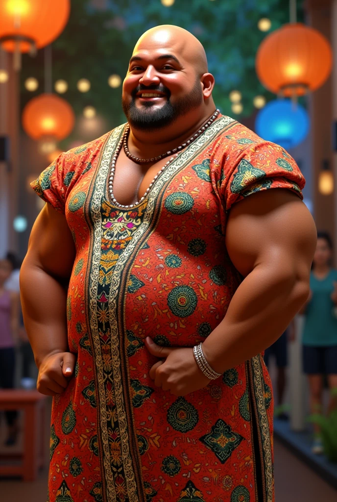 An indu maraha with a turban on his head shirtless full length obese bodybuilder with a very oiled body a sweaty smiling old man with a shaved head and big gray mustaches extremely muscular and extremely fat over 70 years old weighing over 600 pounds very muscular very hairy big pectorals with dark nipples gynecomastia in front of a ruined temple in the jungle wearing only a cotton skirt