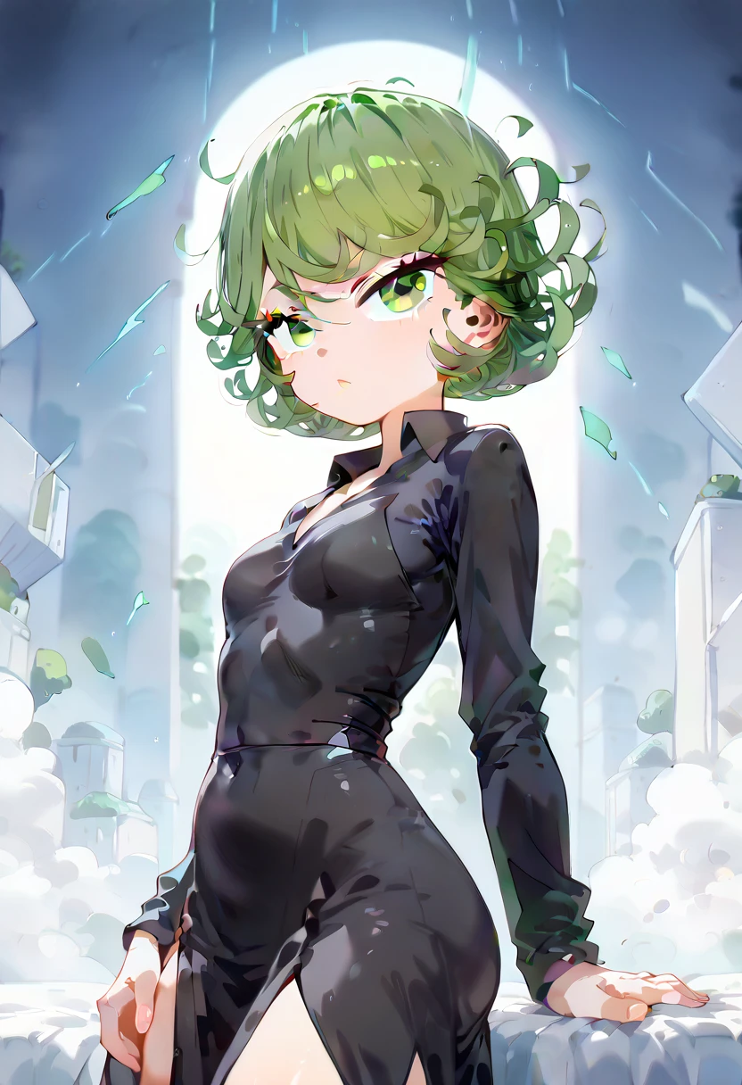 ((Masterpiece,  Side Lighting, finely detailed  beautiful eyes: 1.2)),  ultra detail ,   ultra high definition ,  professional lights , High quality makeup ,  beautiful detailed eyes,  sexy,  beautiful,  big eyes, from the side 1 girl , Tatsumaki,  flat chest,  black dress,  pelvic curtain,   long sleeve  ,  green eyes, floating, storm,（（I'm wrecked both physically and mentally））,solo,One person,（（ ahe face））,（（（（whole body））））