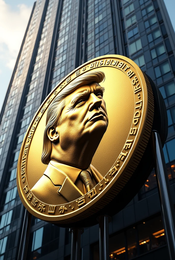 I want a stoic golden Donald Trump sculpture with black and white background. The image should focus on Donald Trump holding bitcoin coin . Must be a full body sculpture with walls or buildings in the background..