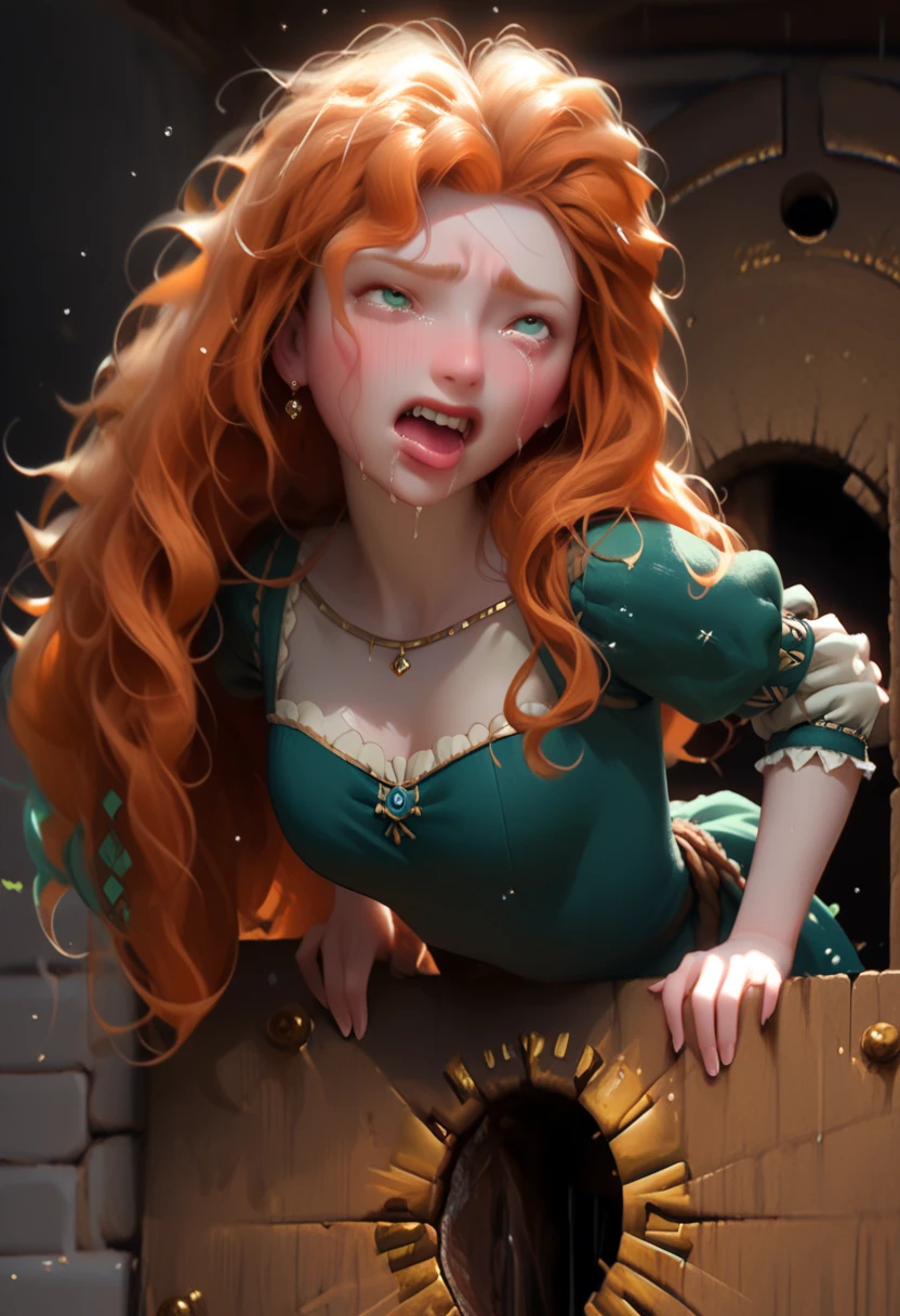 merida from disney, from side,  green dress, hands behind back, cara ahegao, cries,  closed mouth , Show , blushing, struggle get out stuck in hole (Commission in wall), stuck in a wall.  realistic photo.