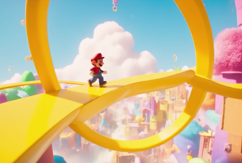 3D animation, surrealism, game, Super Mario Bros., little Mario is walking on a Moebius strip made of a big yellow ribbon, the Moebius strip is floating in the air, the background is pale blue, the atmosphere is bright.