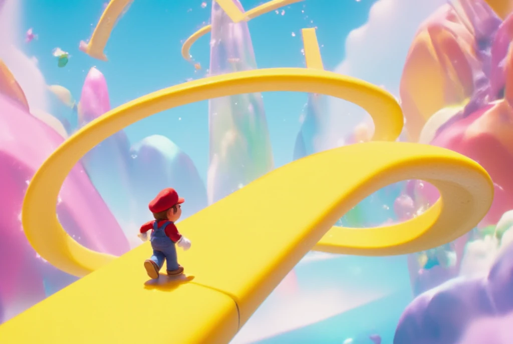 3D animation, surrealism, game, Super Mario Bros., little Mario is walking on a Moebius strip made of a big yellow ribbon, the Moebius strip is floating in the air, the background is pale blue, the atmosphere is bright.