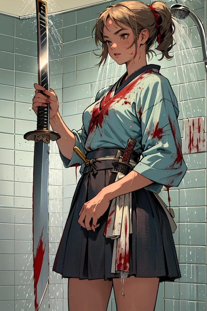 (((Top Quality Masterpiece ))),(((solo:1.2))),((( 1 woman :1.2))),Retro Vintage,(((A high school girl carrying a Japanese sword showering with blood)))