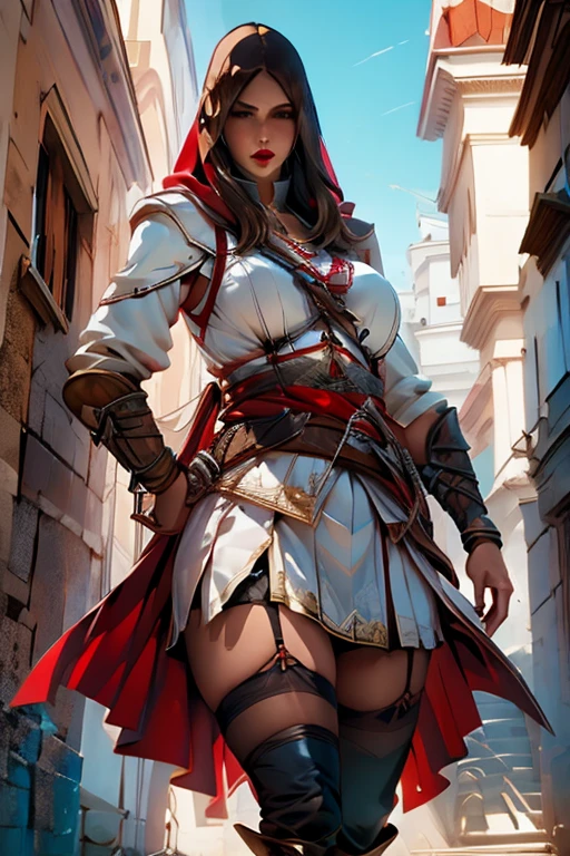 The woman, poca Clothes, Clothes, knee high boots, Bracelets on the legs, socks, stockings, Florence in the background, Florence, evening, night, Renaissance,renaissance, Very detailed, Realistic long-term photography., 4k, wide, brown hair, by the chestnut, Red lips,hood, hood, bracelet, sexy,red lips, brown eyes, big breasts, big breasts, Lucia Auditore