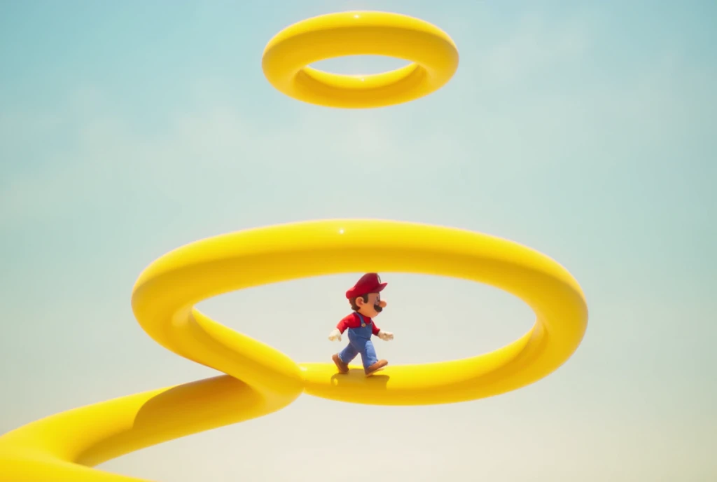 3D animation, surrealism, game, Super Mario Bros., little Mario is walking on a Moebius strip made of a big yellow ribbon, the Moebius strip is floating in the air, the background is pale blue, the atmosphere is bright.