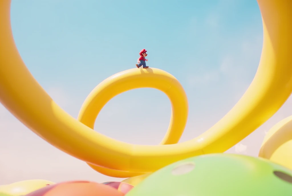 3D animation, surrealism, game, Super Mario Bros., little Mario is walking on a Moebius strip made of a big yellow ribbon, the Moebius strip is floating in the air, the background is pale blue, the atmosphere is bright.