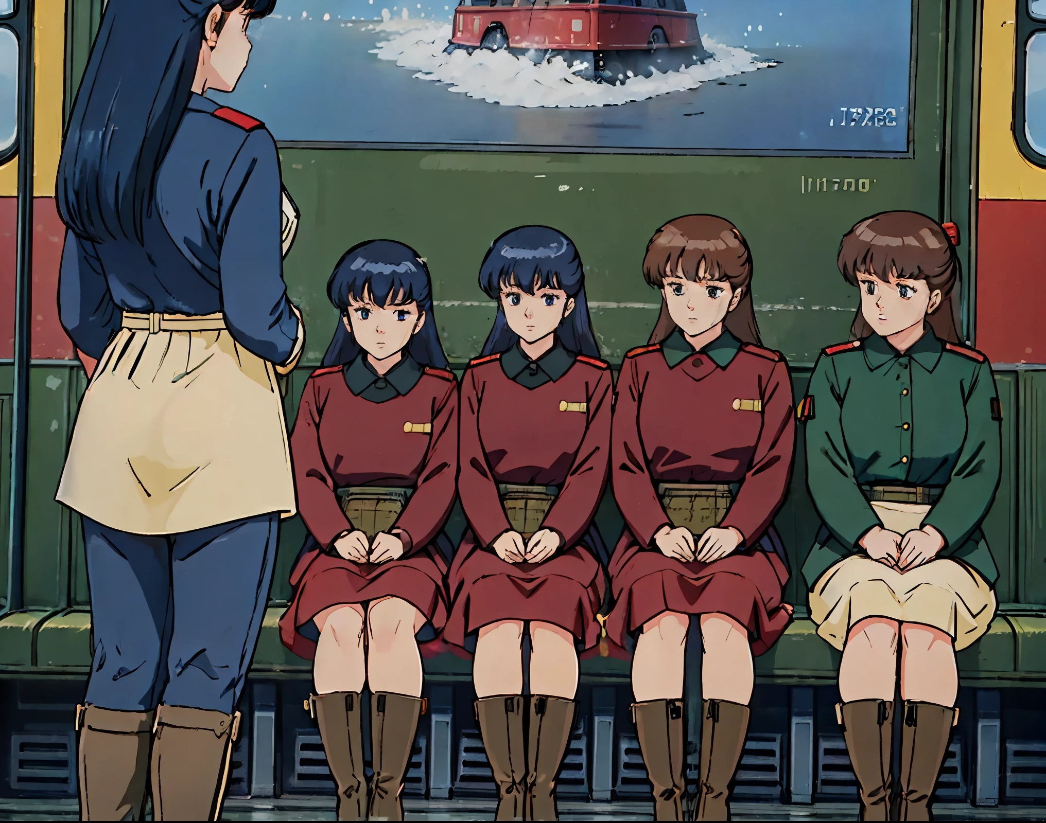   High Quality  , Masterpiece,  1 girl、 best quality ,Soviet female soldiers， steam locomotive interior before the trip，，  2nd World Combat Team，Station，Before you travel，Dim scene， dim lighting，Notice the depiction of snow , black boots ,( from the side 1 girl )