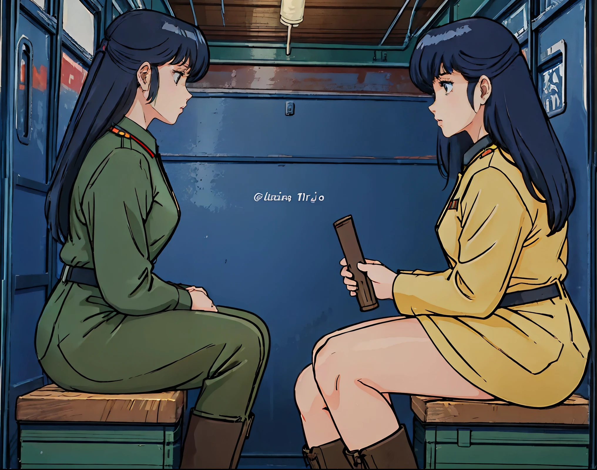 High Quality , Masterpiece, 1 girl、 best quality ,Soviet female soldiers, steam locomotive interior before the trip,, 2nd World Combat Team,Station,Before you travel,Dim scene, dim lighting,Notice the depiction of snow , black boots ,( from the side 1 girl )