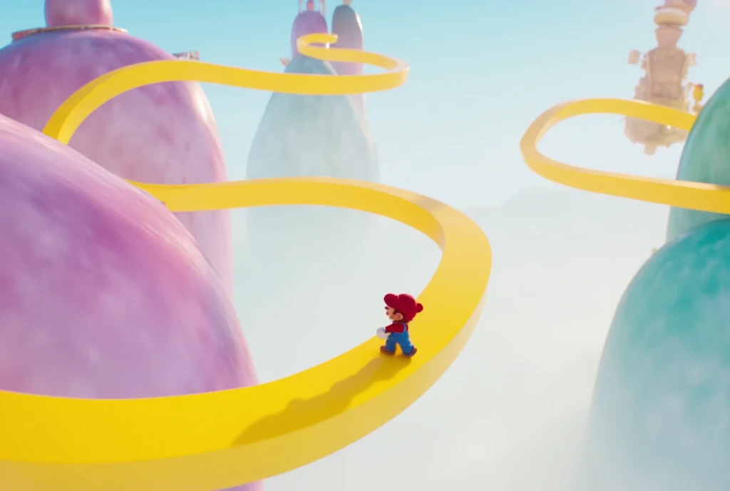 3D animation, surrealism, game, Super Mario Bros., little Mario is walking on a Moebius strip made of a big yellow ribbon, the Moebius strip is floating in the air, the background is pale blue, the atmosphere is bright.