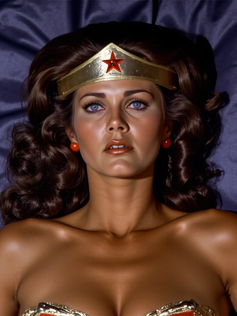 Wonder Woman, Linda Carter , orgasm sex , stripping off her costume, nudity, naked breasts with poke nipples, eyes open looking up, Lying down on the bed with dark blue satin sheets , ((( with eyes opened, mouth open, glossy lips )))，ravished､ lying on the sheets､ lying on back ､ face up, Hands reaching out, legs spread, boots slipping down off legs, feet turning inward, with a desperate and sexy expression, full body photo ,